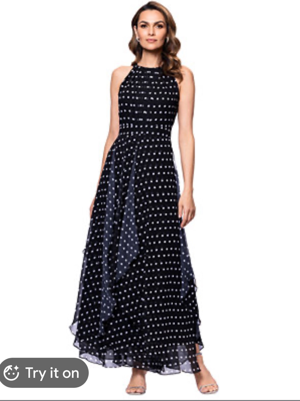 Betsy & Adam Navy And White Polka Dot Halter Maxi Dress